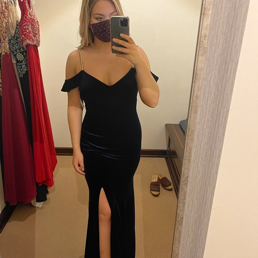 Blue Velvet Gown with Slit and Rhinestone Straps